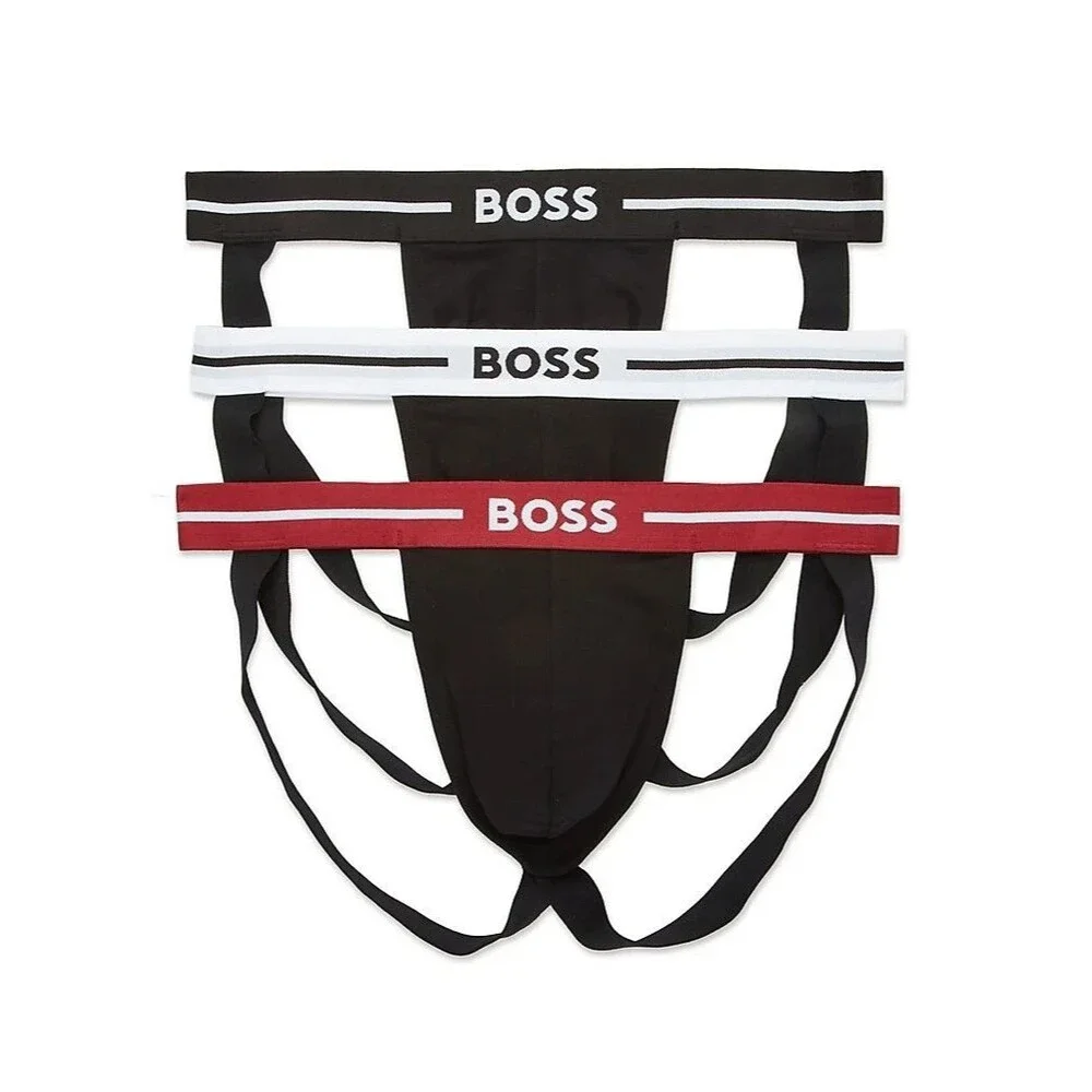 HUGO BOSS Jock Strap Mens XL Black 3-Pack Cotton Blend Logo Jockstrap